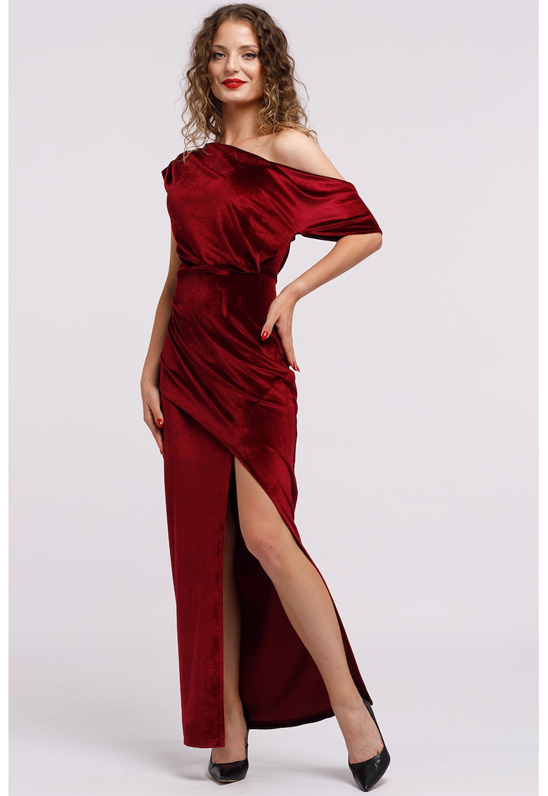 Oferte la Rochie maxi catifelata cu decolteu pe un umar si slit frontal - Rosu inchis