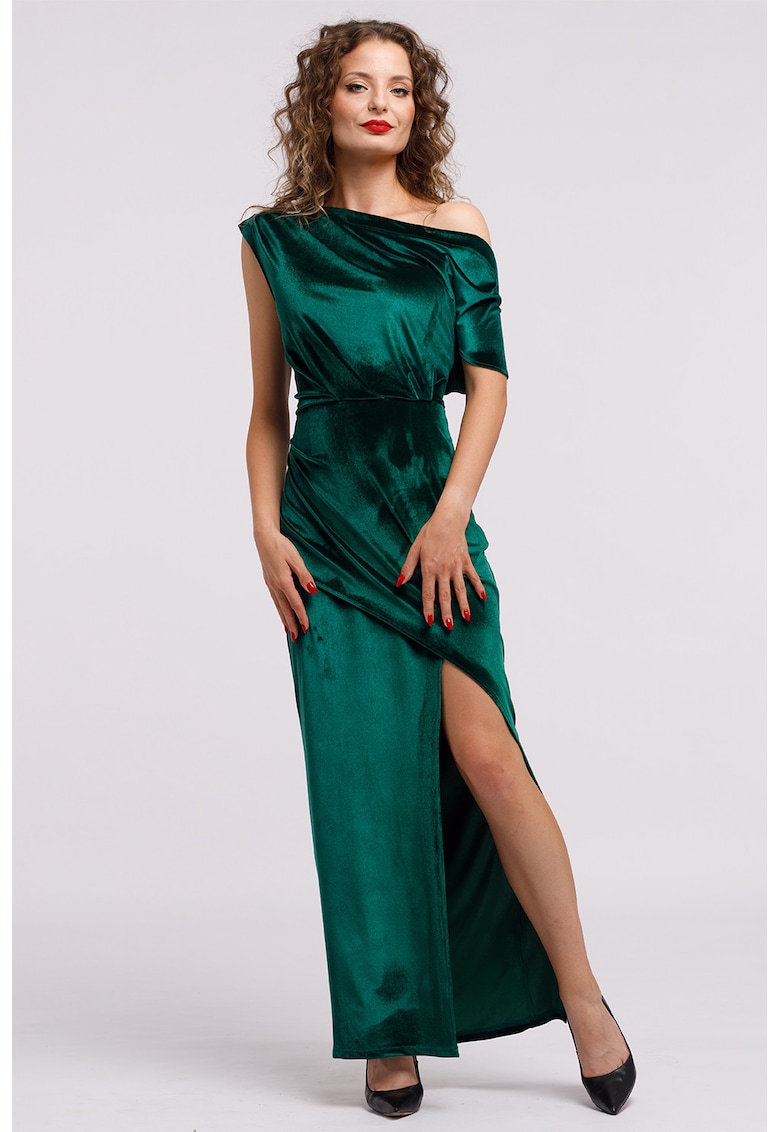 Oferte la Rochie maxi catifelata cu decolteu pe un umar si slit frontal - Verde englez