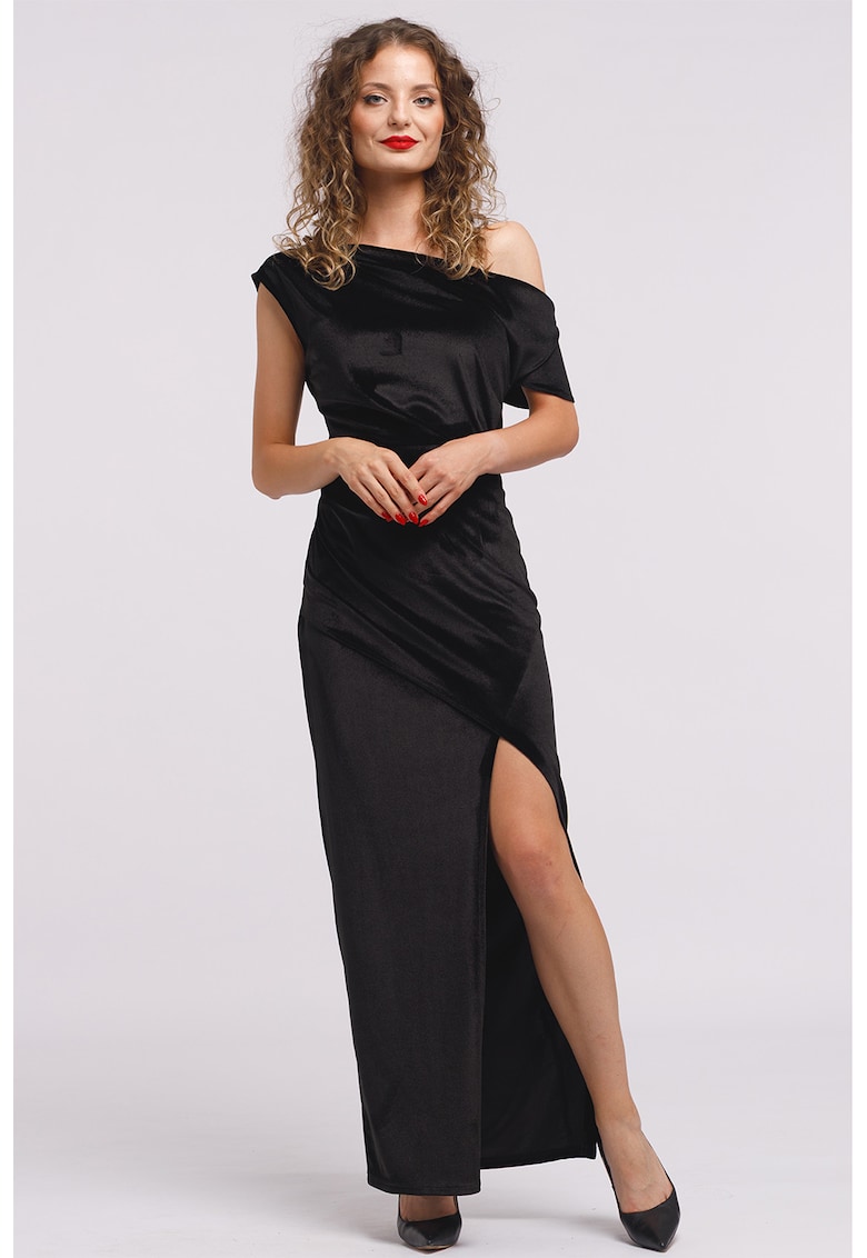 Oferte la Rochie maxi catifelata cu decolteu pe un umar si slit frontal - Negru