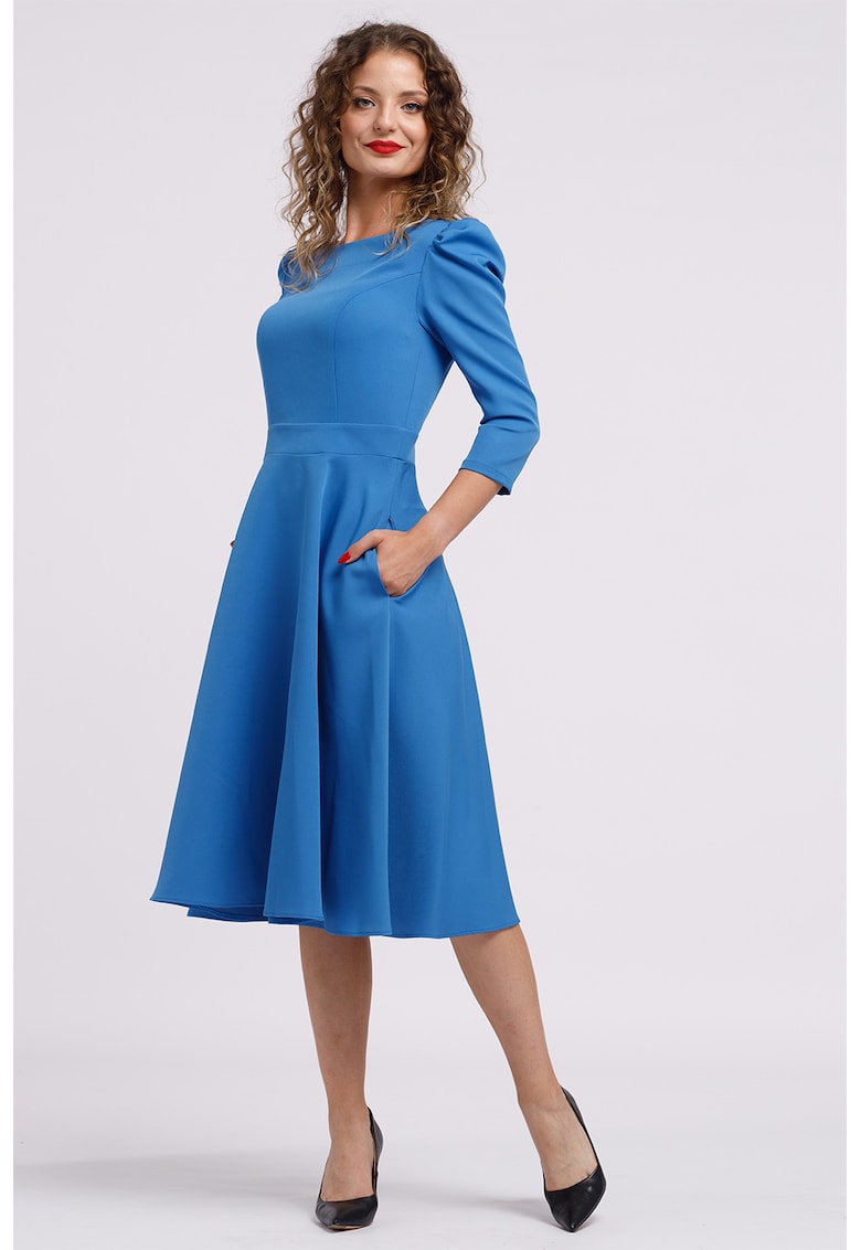 Oferte la Rochie midi evazata cu fermoar - Albastru
