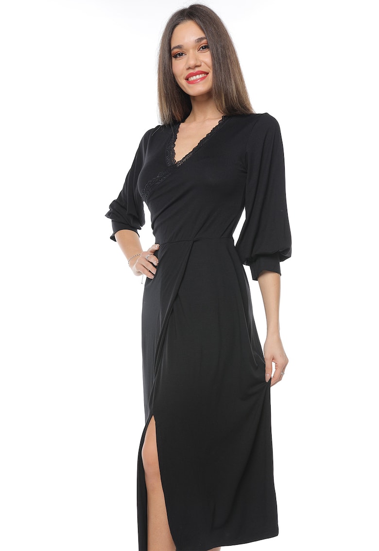 Oferte la Rochie midi cu decolteu in V si slit frontal - Negru