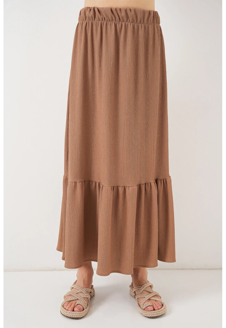 Oferte la Fusta maxi HiCCUP - texturata - talie elastica - maro - poliester-lycra