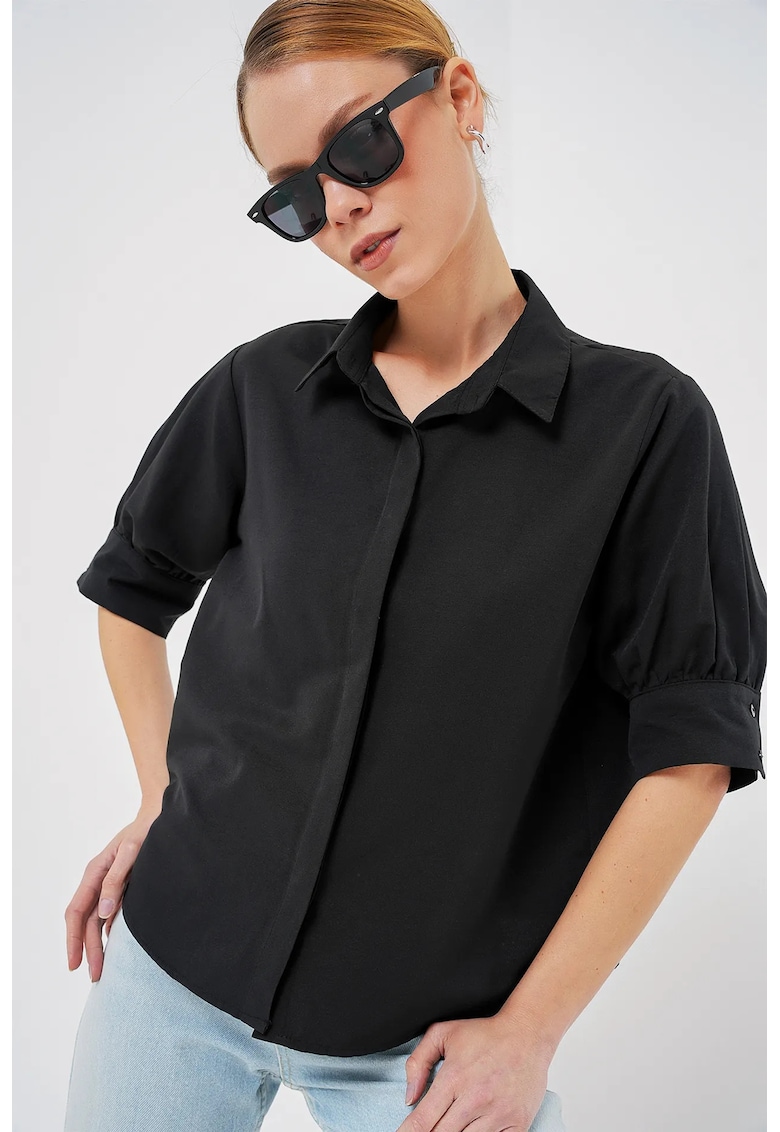 Camasa dama - HiCCUP - din poplin - cu nasturi - negru - bumbac