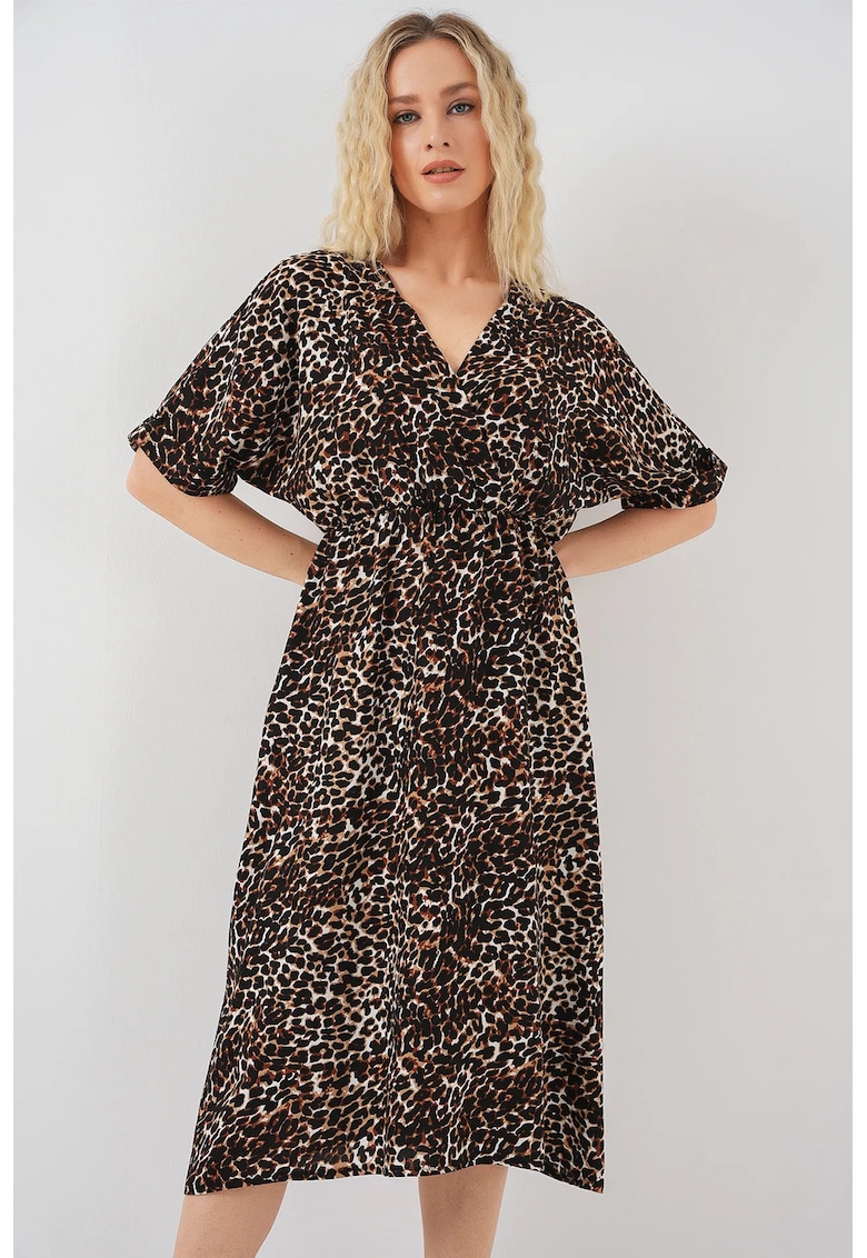 Oferte la Rochie midi dama - HiCCUP cu decolteu in V si snur - viscoza - multicolor