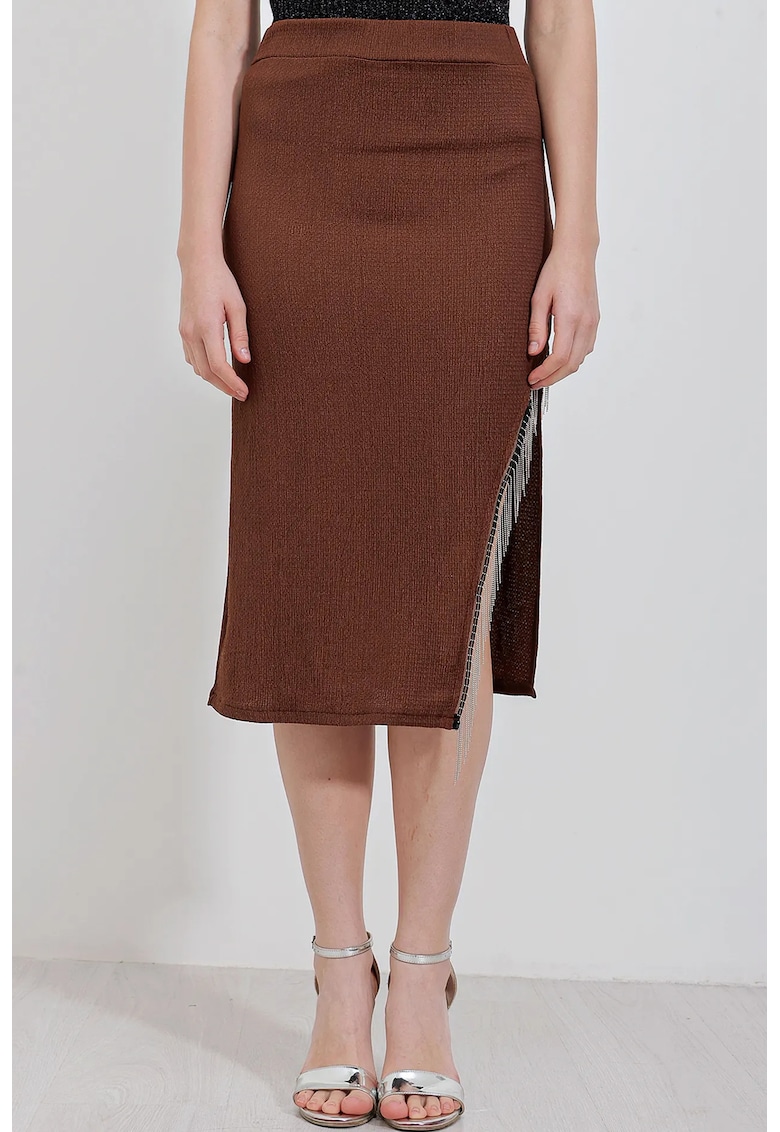 Oferte la Fusta midi HiCCUP texturata - maro - poliester-lycra