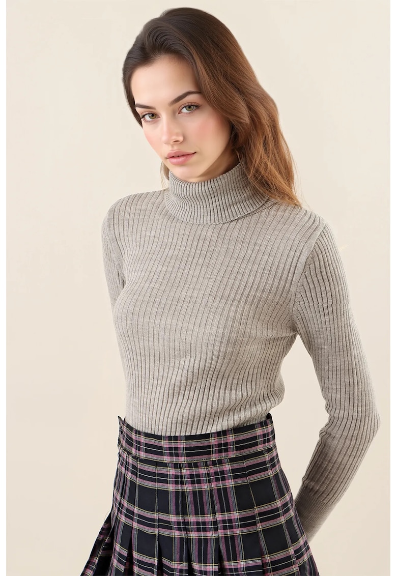 Oferte la Pulover dama - HiCCUP - texturat - cu guler inalt - gri - tricot