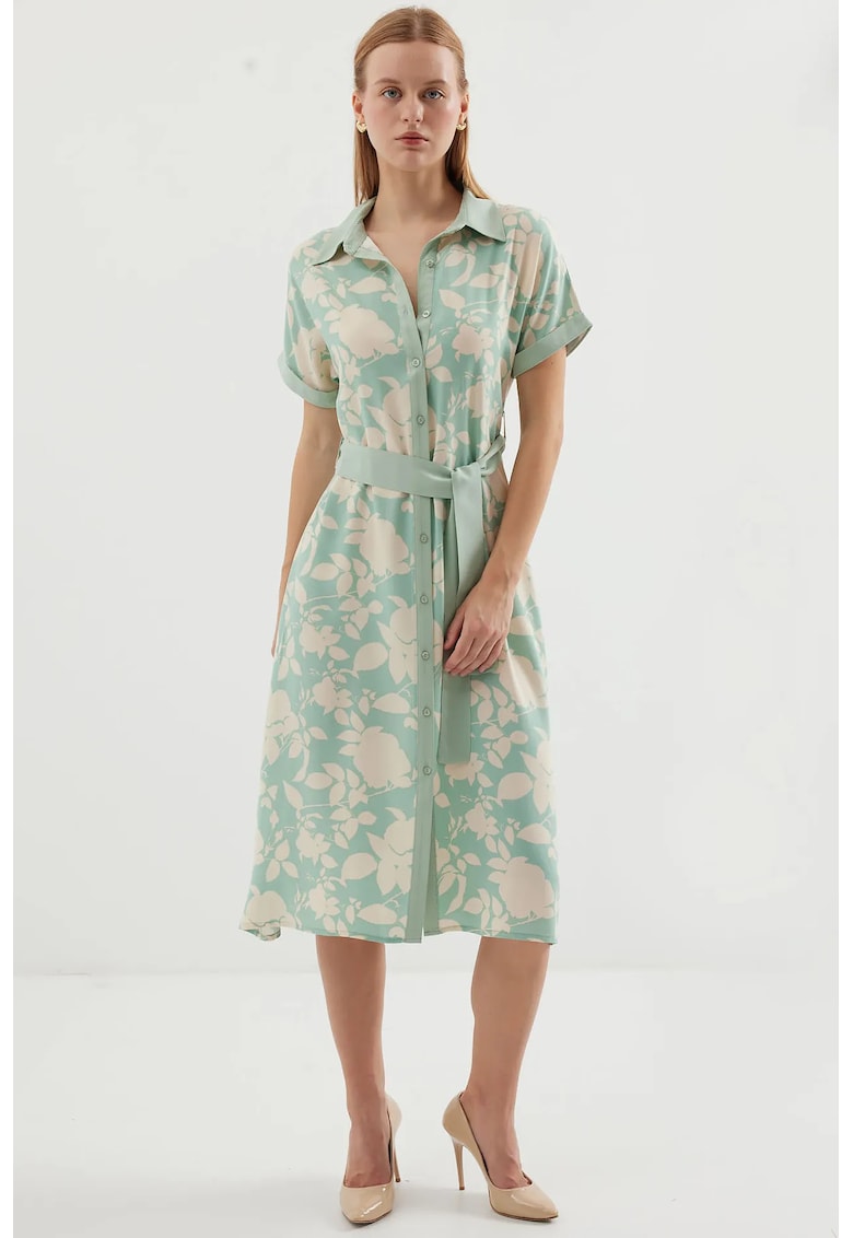 Oferte la Rochie midi dama HiCCUP - imprimeu floral - viscoza - verde/bej