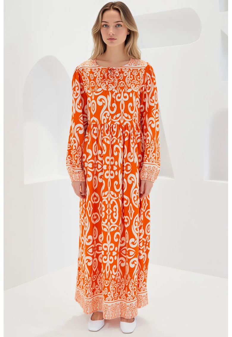 Oferte la Rochie maxi dama - HiCCUP - cu imprimeu - inchidere cu snur - viscoza - portocaliu/bej