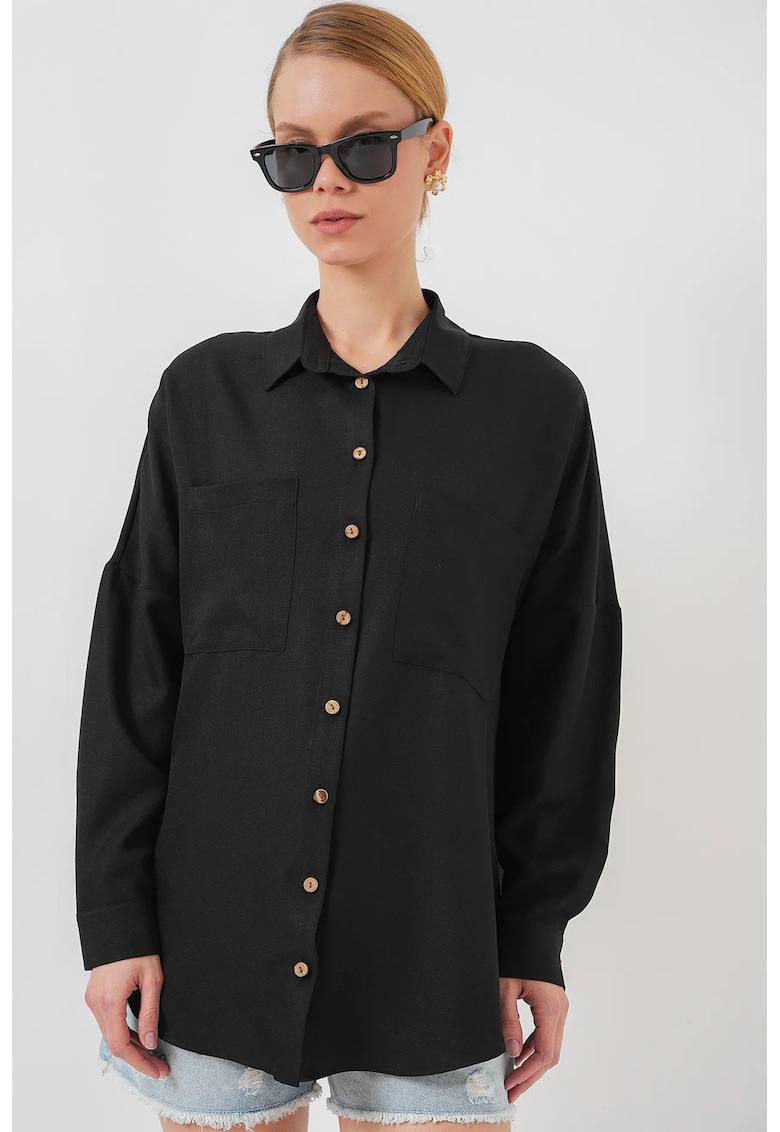 Oferte la Camasa HiCCUP supradimensionata cu maneca lunga - neagra - amestec de in si viscoza