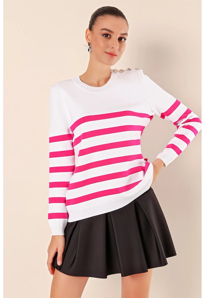 Oferte la Pulover dama - BigDart - cu guler rotund - dungi - tricot - Roz aprins -