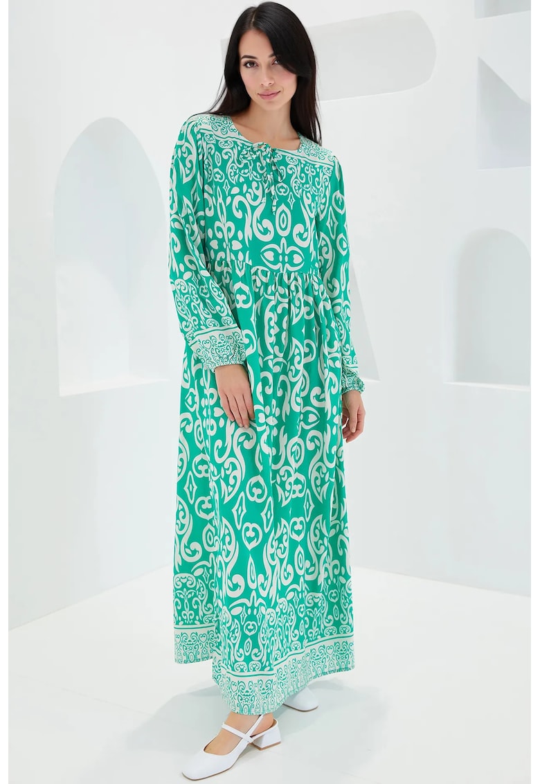 Oferte la Rochie maxi dama - HiCCUP - inchidere cu snur - viscoza - verde/alb