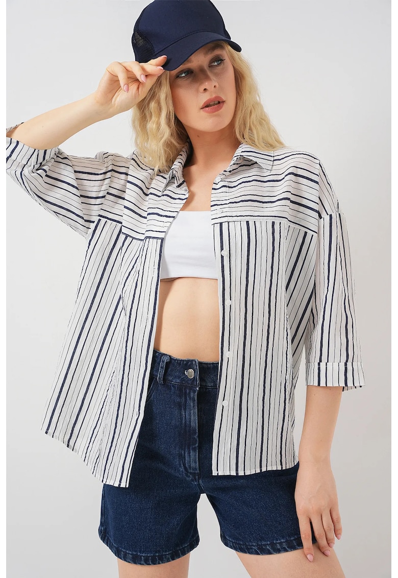 Oferte la Camasa dama - HiCCUP - din poplin - cu dungi - albastru - bumbac