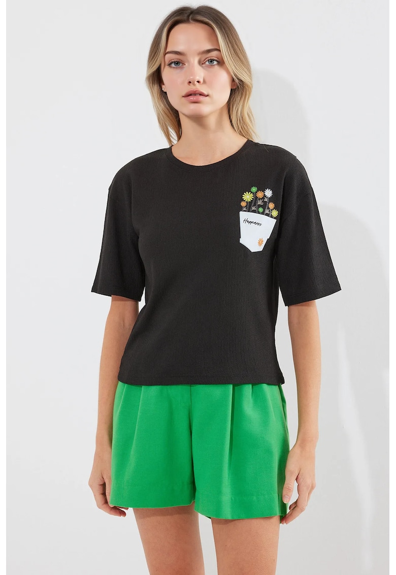 Oferte la Tricou dama HiCCUP - guler rotund - imprimeu brodat - negru - poliester-lycra