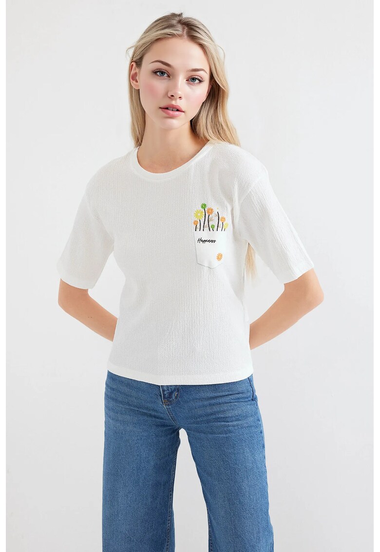Oferte la Tricou dama HiCCUP - guler rotund - imprimeu brodat - alb - poliester-lycra