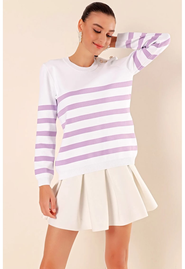 Oferte la Pulover dama - BigDart - acrilic - cu guler rotund - dungi - lila - tricot - Liliac Violet -