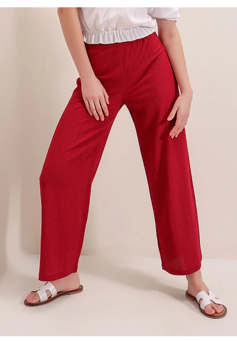 Oferte la Pantaloni dama - HiCCUP - texturati - croiala relaxata - rosu - poliester-lycra