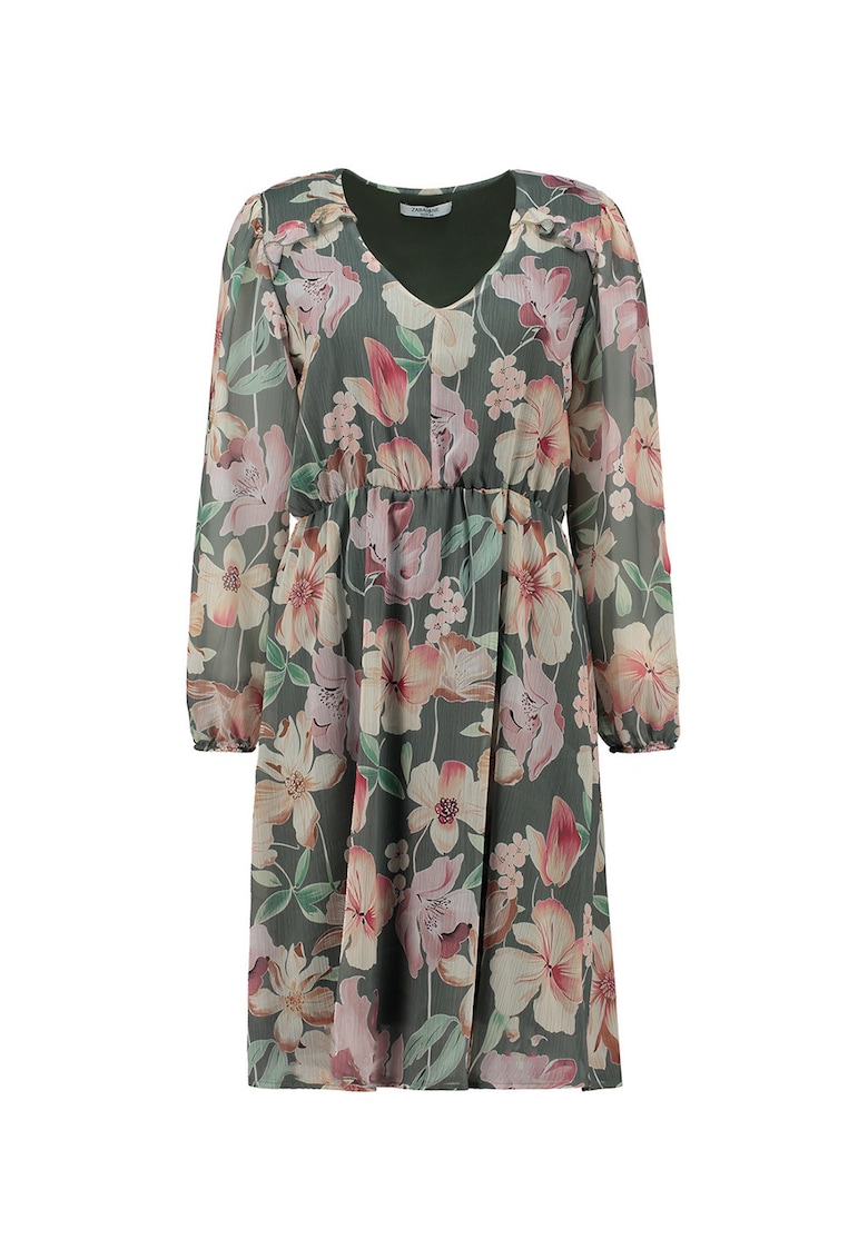 Oferte la Rochie midi cu decolteu rotund si model floral - Roz pastel/Piersica/Verde feriga