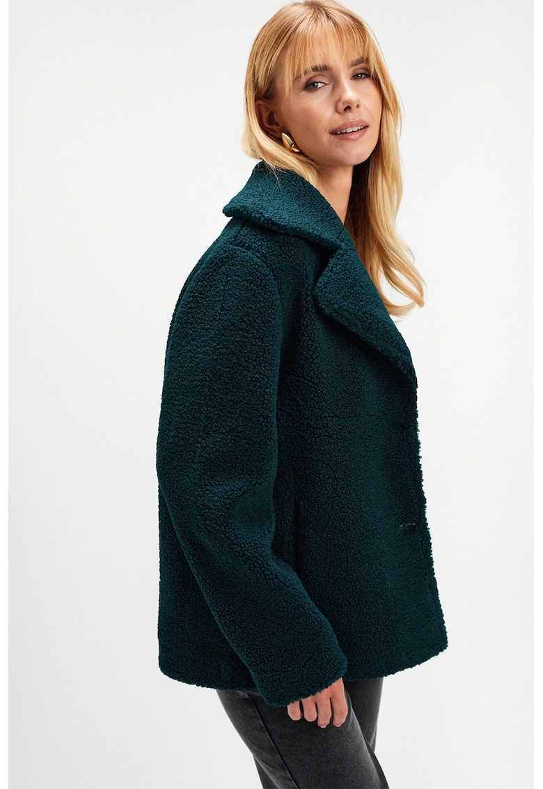 Oferte la Jacheta din material teddy cu buzunare oblice - Verde padure