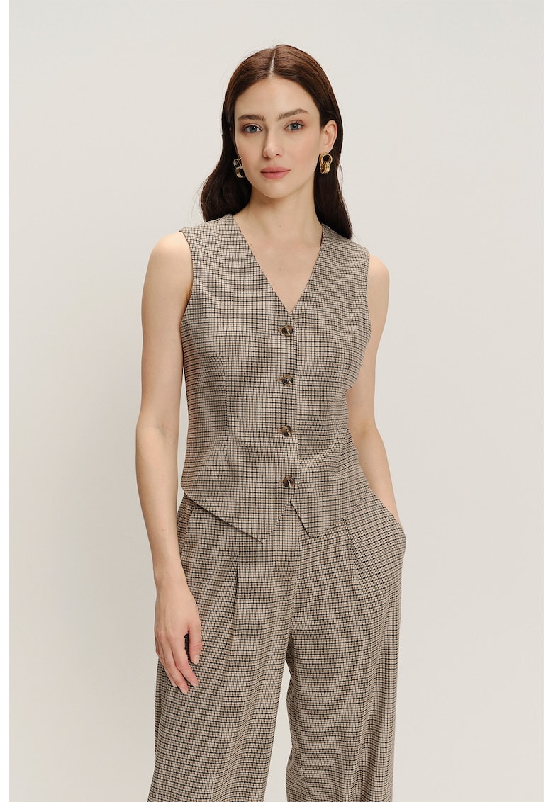 Oferte la Sacou fara maneci cu model in carouri - Maro deschis/Maro nisip/Albastru