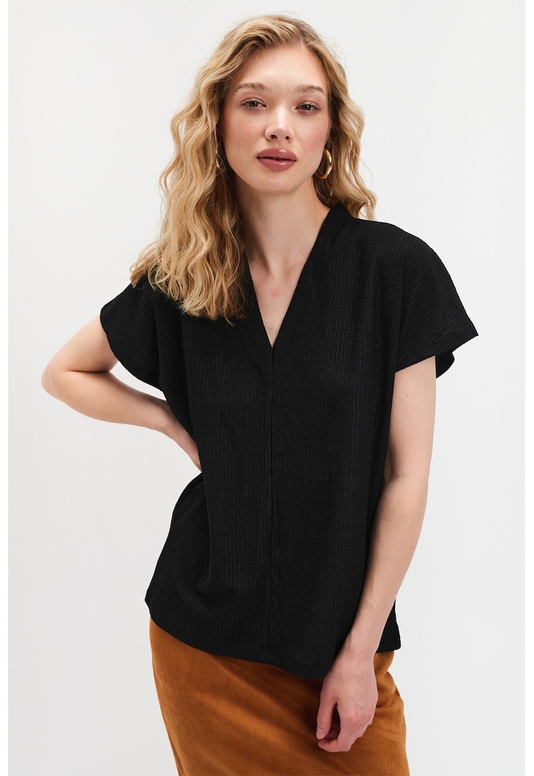 Oferte la Bluza cu decolteu in V si mansete elastice - Negru
