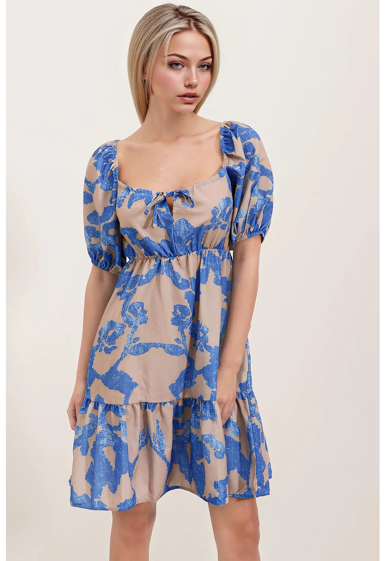 Oferte la Rochie mini dama - HiCCUP - forma A - decolteu patrat - bumbac/poliester - bej/albastru