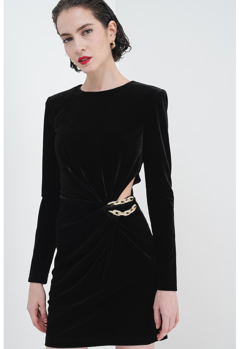 Oferte la Rochie mini de catifea cu decupaj si lant decorativ - Negru