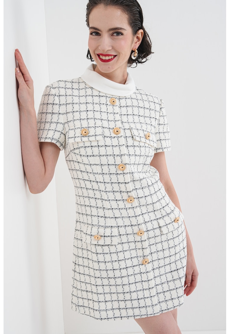 Oferte la Rochie mini in carouri din amestec de lana cu nasturi decorativi - Negru stins/Crem