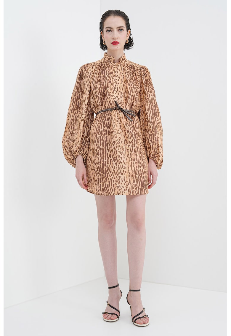 Oferte la Rochie de in cu animal print si guler scurt - Maro inchis/Maro deschis