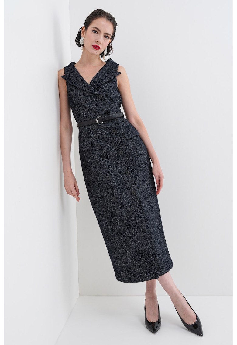 Oferte la Rochie midi din amestec de lana cu nasturi si curea in talie - Albastru ultramarin/Alb murdar/Gri antracit