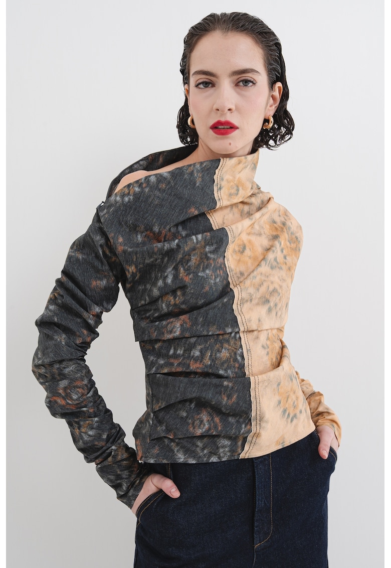 Oferte la Bluza asimetrica cu model in fronseuri - Portocaliu persan/Gri antracit