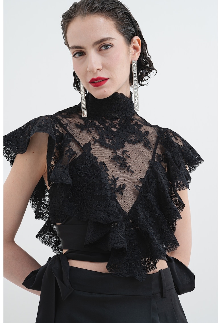 Oferte la Bluza crop cu volane - maneci scurte si insertii de dantela - Negru/Transparent