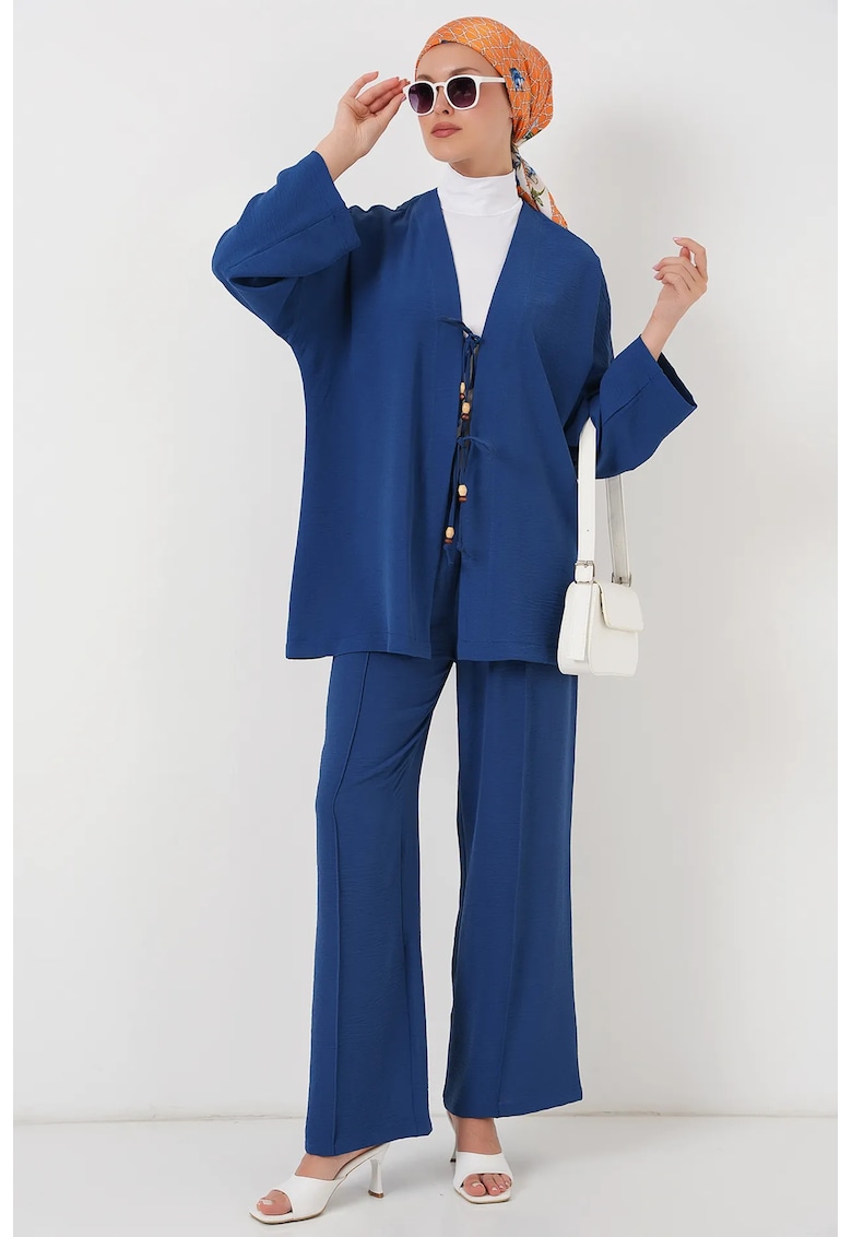 Oferte la Set doua piese - HiCCUP - cardigan lung texturat cu decolteu in V si pantaloni - albastru - poliester si elastan