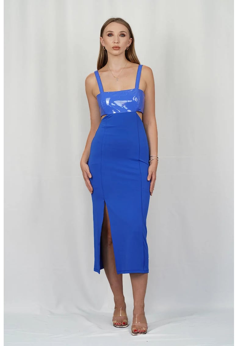 Oferte la Rochie midi - decupata lateral cu top imitatie de piele - Albastru