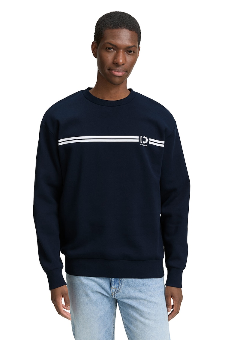 Oferte la Bluza de trening cu decolteu la baza gatului si imprimeu grafic - Alb/Bleumarin