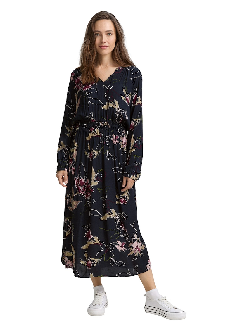 Oferte la Rochie maxi cu croiala in A si model floral - Roz/Bleumarin