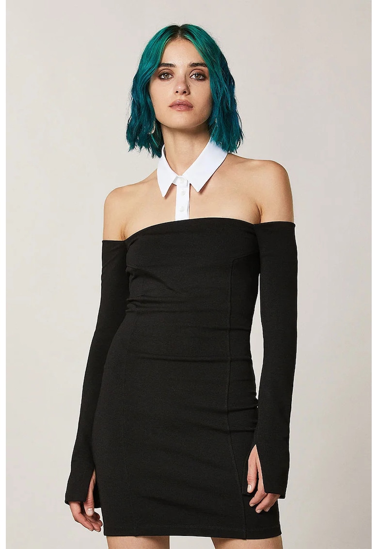 Oferte la Rochie mini cu decolteu pe umeri si cu guler detasabil - Negru