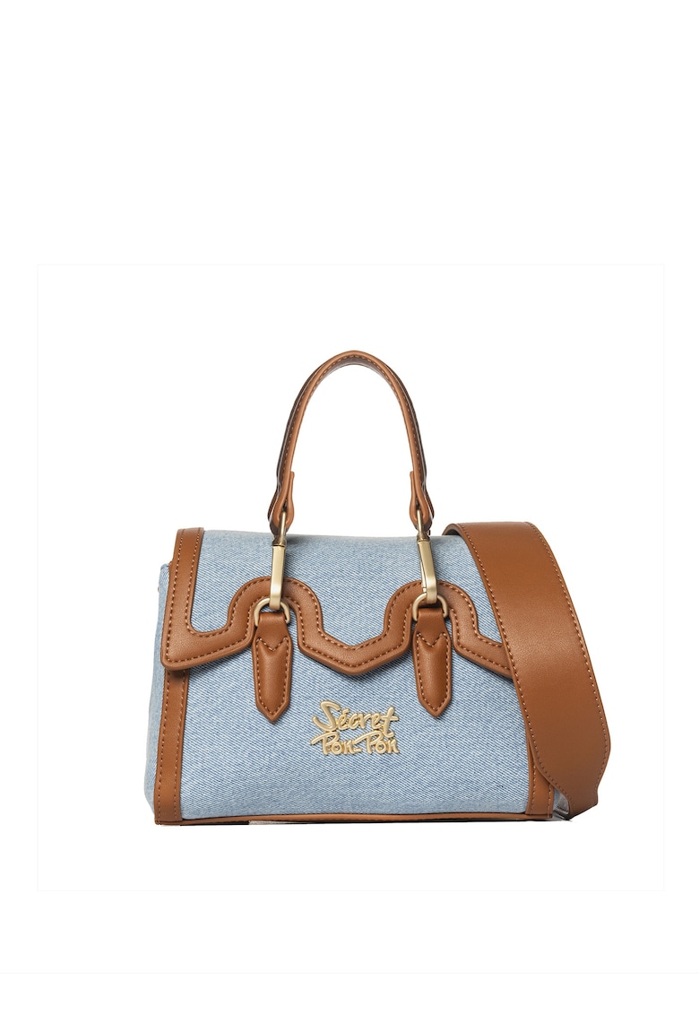 Oferte la SECRET PON PON. - Geanta crossbody din denim cu garnituri din piele ecologica Lisandra Elite - Maro cognac/Bleumarin