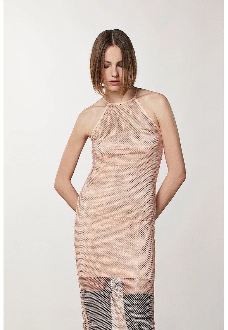 Oferte la Rochie midi din plasa cu strasuri cu jupa asortata - Bej