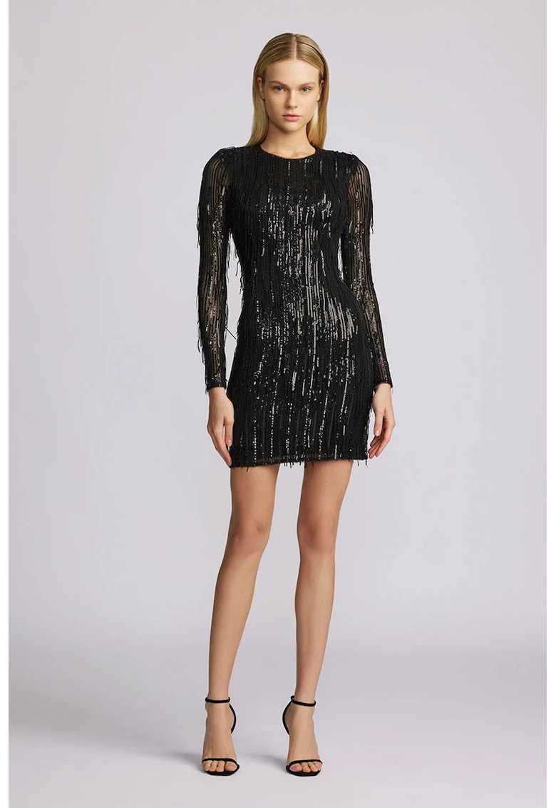 Oferte la Rochie mini cu maneca lunga - franjuri si paiete - Negru