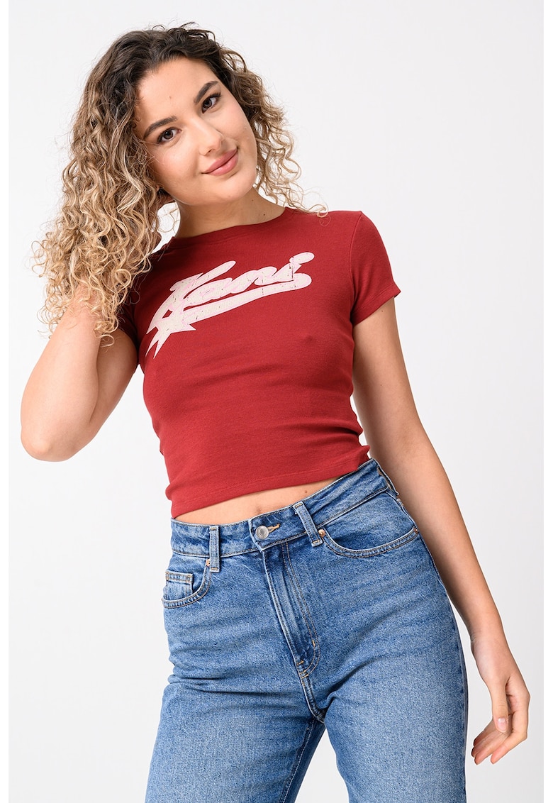 Oferte la Tricou crop cu logo Varsity Star - Alb/Visiniu/Roz