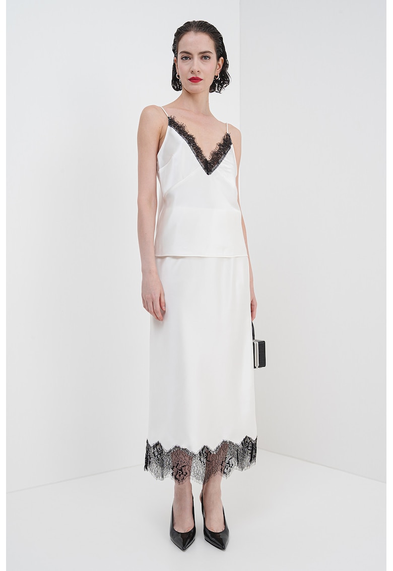 Oferte la Fusta de satin cu terminatie cu dantela - Alb fildes/Negru