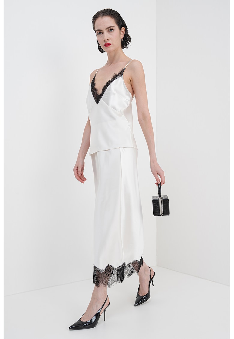 Oferte la Bluza cu aspect de satin si captuseala din dantela - Alb fildes/Negru