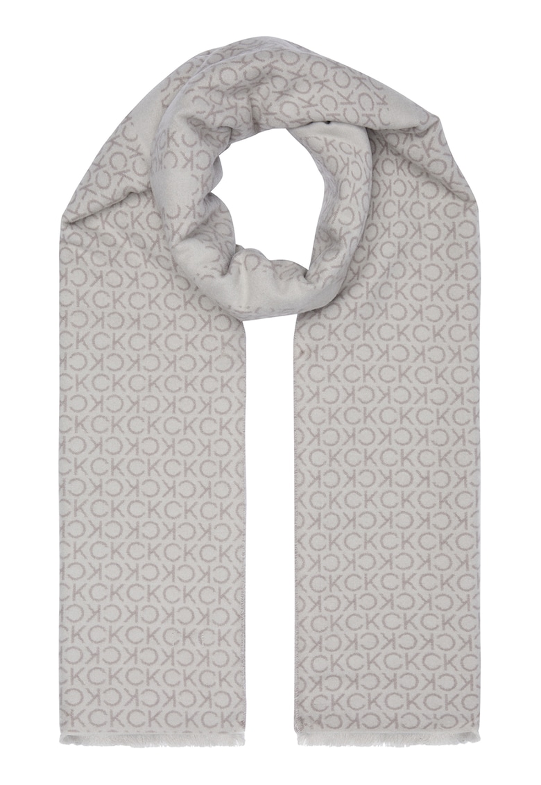Oferte la Fular cu imprimeu logo si terminatie franjurata - Gri deschis/Maro taupe deschis