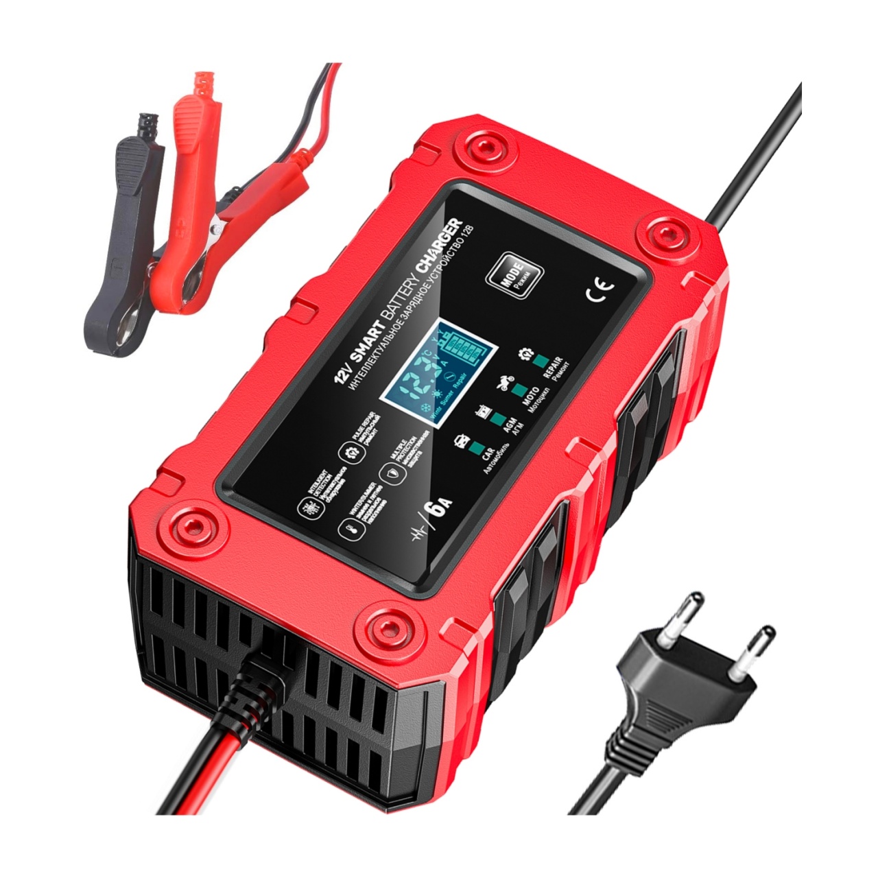 Oferte la Incarcator Inteligent Baterie Auto/Moto Techstar 12V 6A BC-1206, LCD, Repair, AGM/GEL/WET/EFB/LiFePO4 Rosu