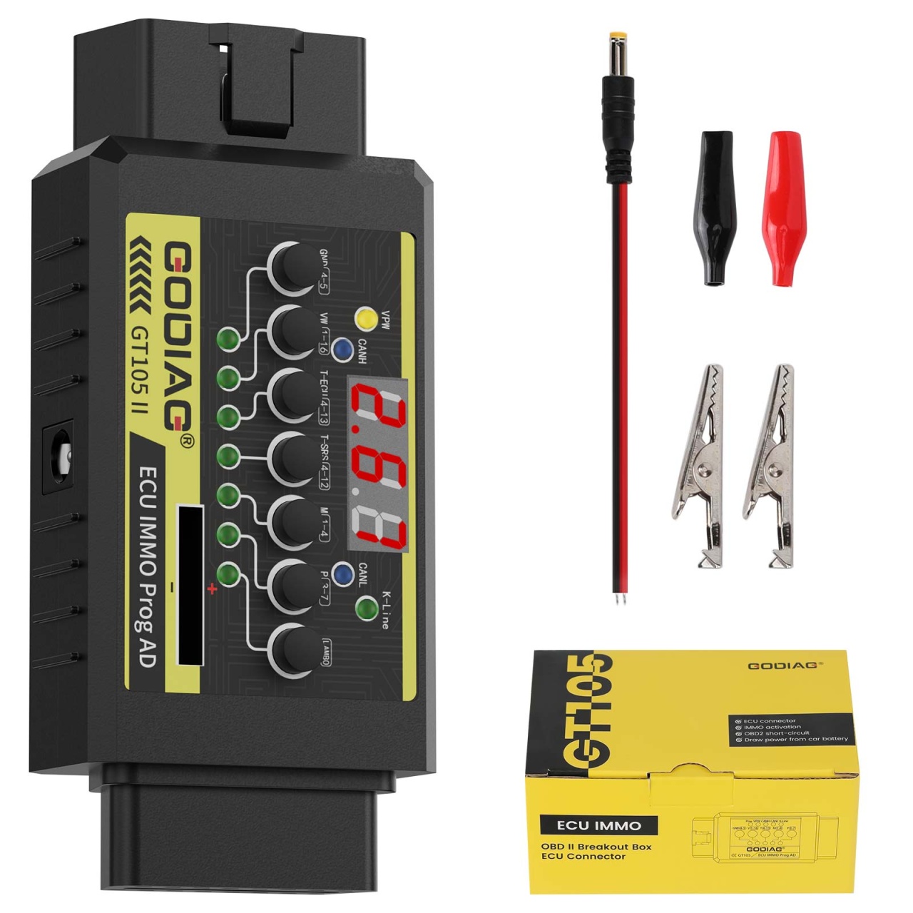 Oferte la Break Out Box OBD2 GODIAG GT105 II, Adaptor IMMO si ECU, Test CR2032, Alarma Tensiune Scazuta, Programare si Diagnoza Auto, Afisaj Tensiune, Test Baterie, VPW/CAN/K-Line