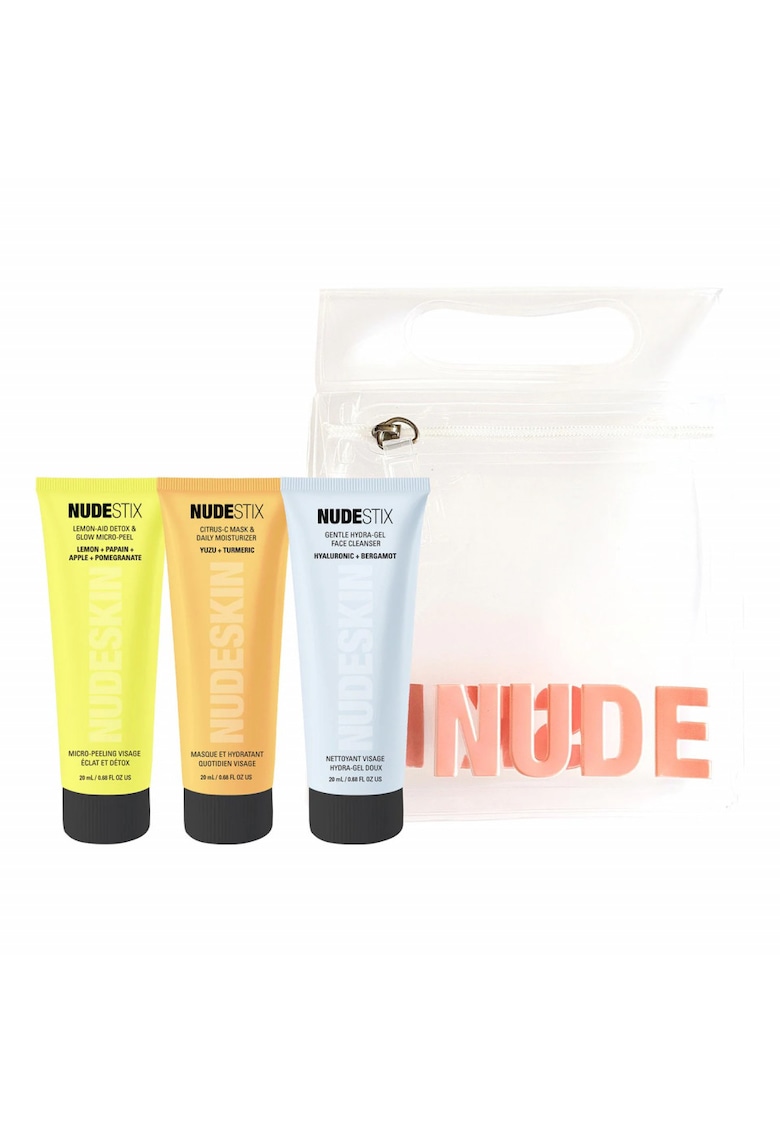 Oferte la Set pentru Ingrijirea tenului sensibil -  Citrus Skin Renewal - Gel demachiant pentru piele si ochi sensibili - 20 ml - Exfoliant iluminator facial - 20 ml - Crema de fata hidratanta ziua si noaptea - 20 ml - Geanta de cosmetice