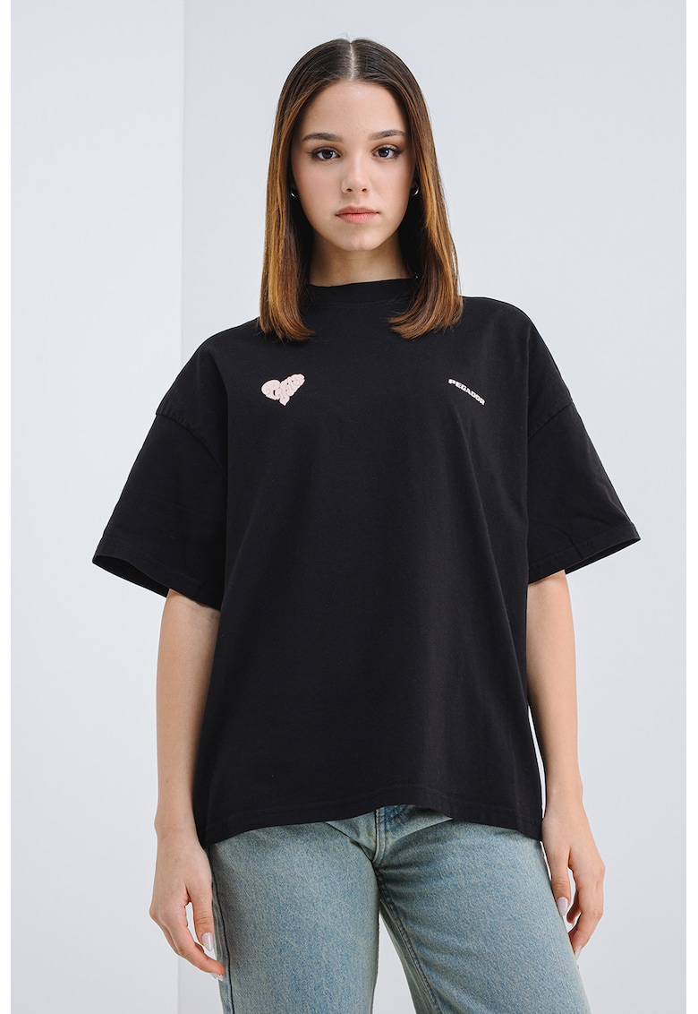 Oferte la Tricou supradimensionat cu imprimeu logo - Negru/Roz prafuit