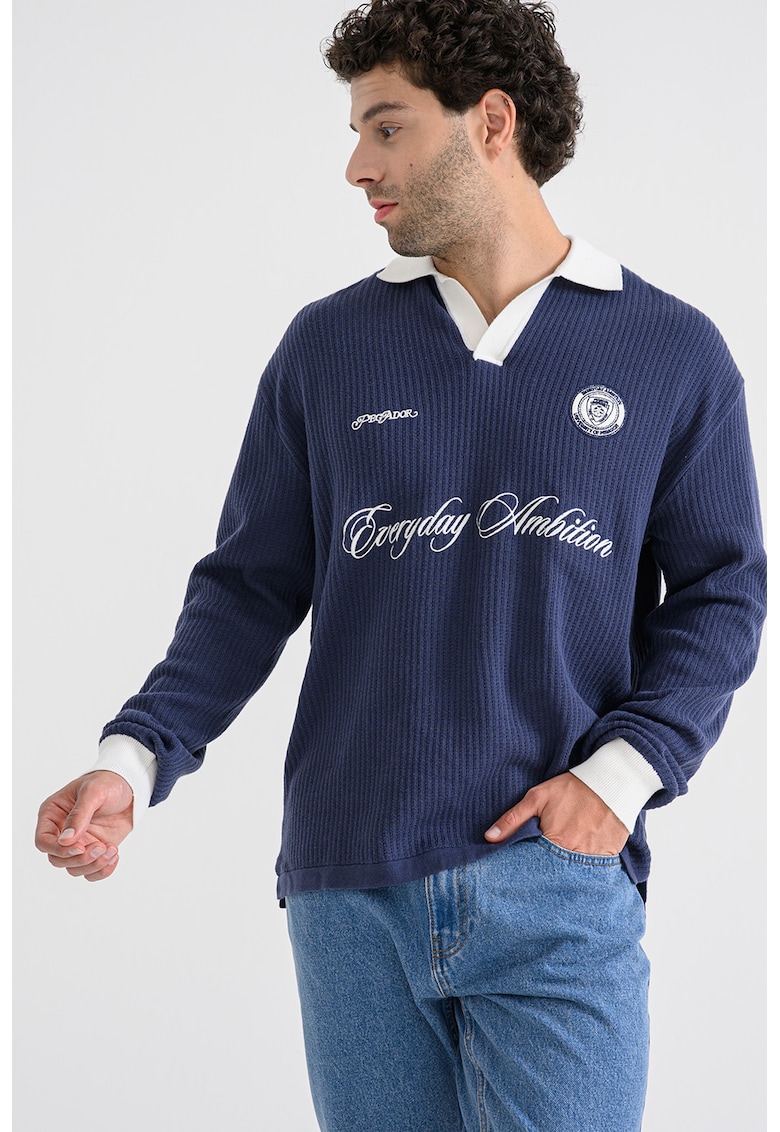 Oferte la Bluza polo striata cu text brodat - Albastru indigo