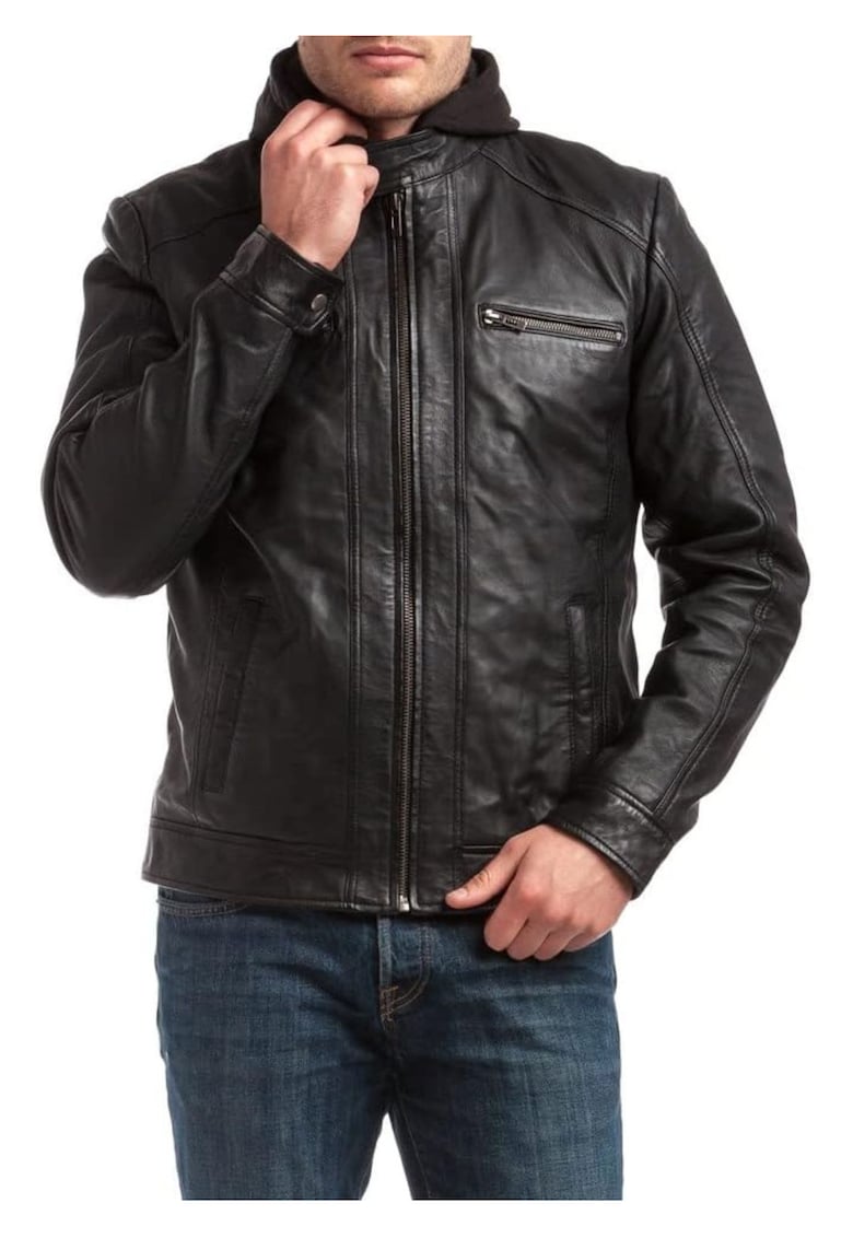 Oferte la Sacou din piele  Leif - negru - cu gluga detasabila - 4 buzunare - pentru barbati -