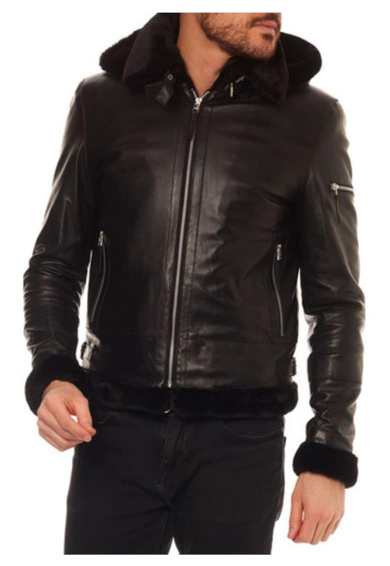Oferte la Sacou barbati Isaco - piele naturala - negru - gluga detasabila - buzunare - XL -